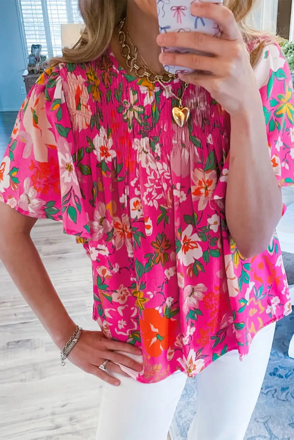 Smocked blouse - pink floral short sleeve | fashionfitz