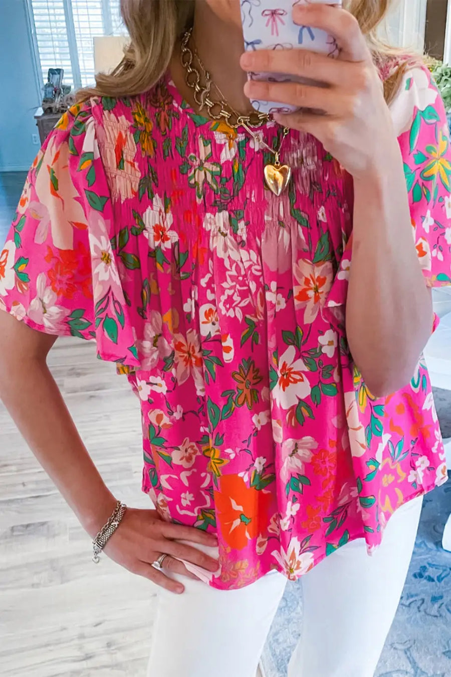 Smocked blouse - pink floral short sleeve | fashionfitz