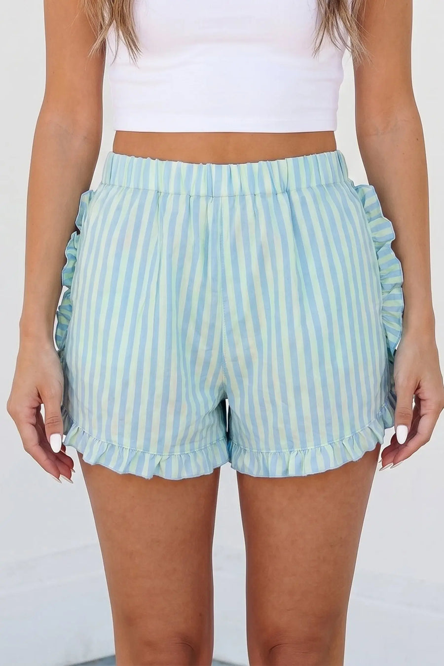 Stripe Ruffle Trim Elastic Waist Shorts Women UK — close-up detail | Fashionfitz UK