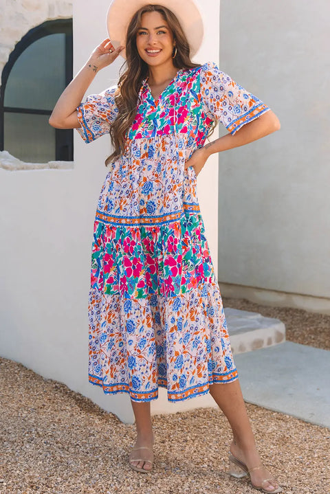Sky Blue Mixed Floral Tie Split Neck Short Sleeve Dress Women UK