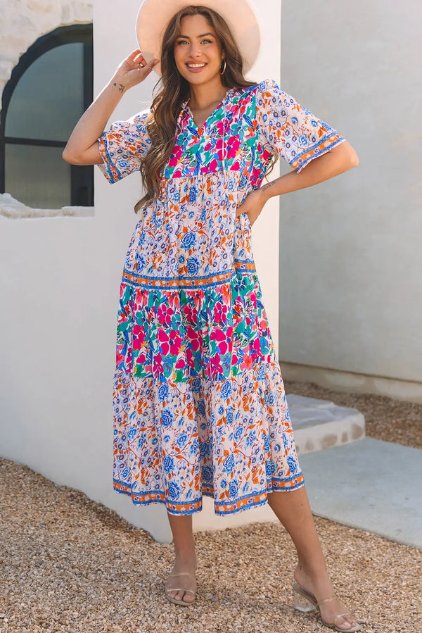 Sky Blue Mixed Floral Tie Split Neck Short Sleeve Dress Women UK