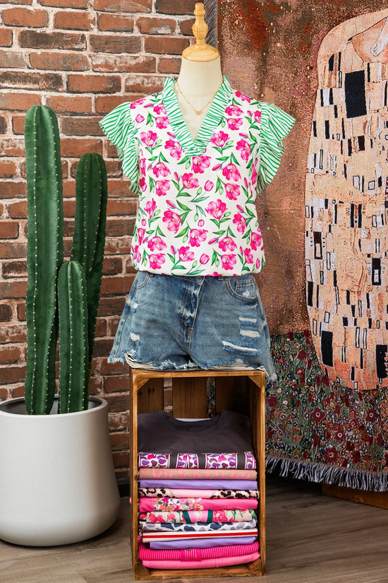 Multicolour sweet floral print striped ruffle trim v neck blouse blouses