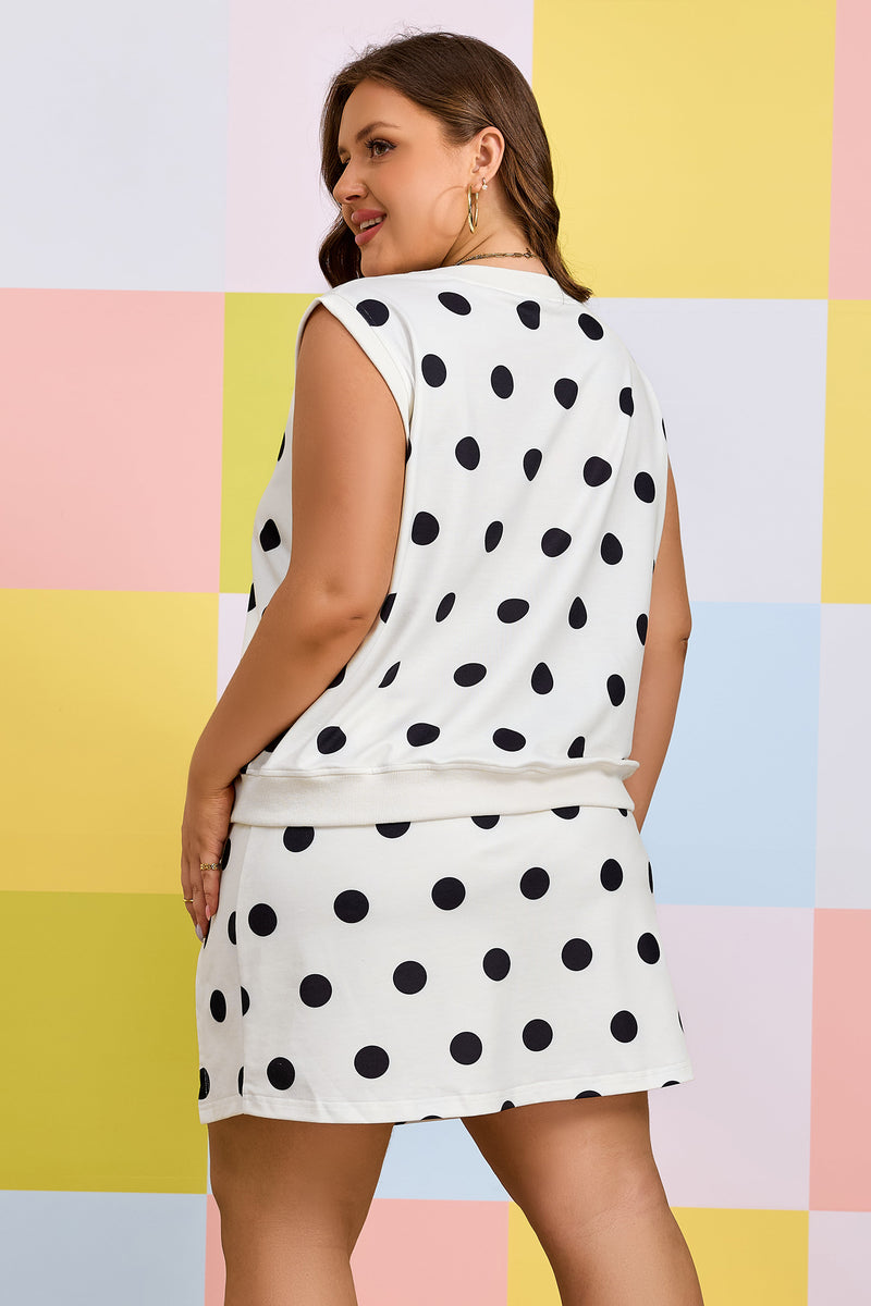 White polka dot plus size tank and skort set - back view