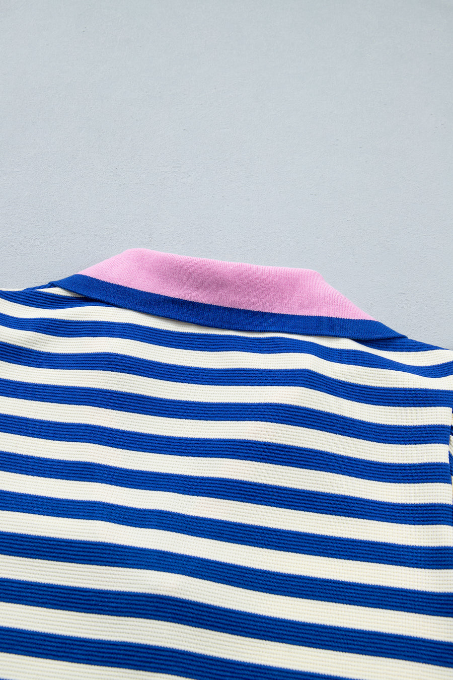 Stripe Contrast Trim Polo Collar Ruffled Short Sleeve Blouse — close-up detail | Fashionfitz UK