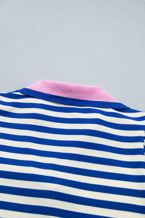 Stripe Contrast Trim Polo Collar Ruffled Short Sleeve Blouse