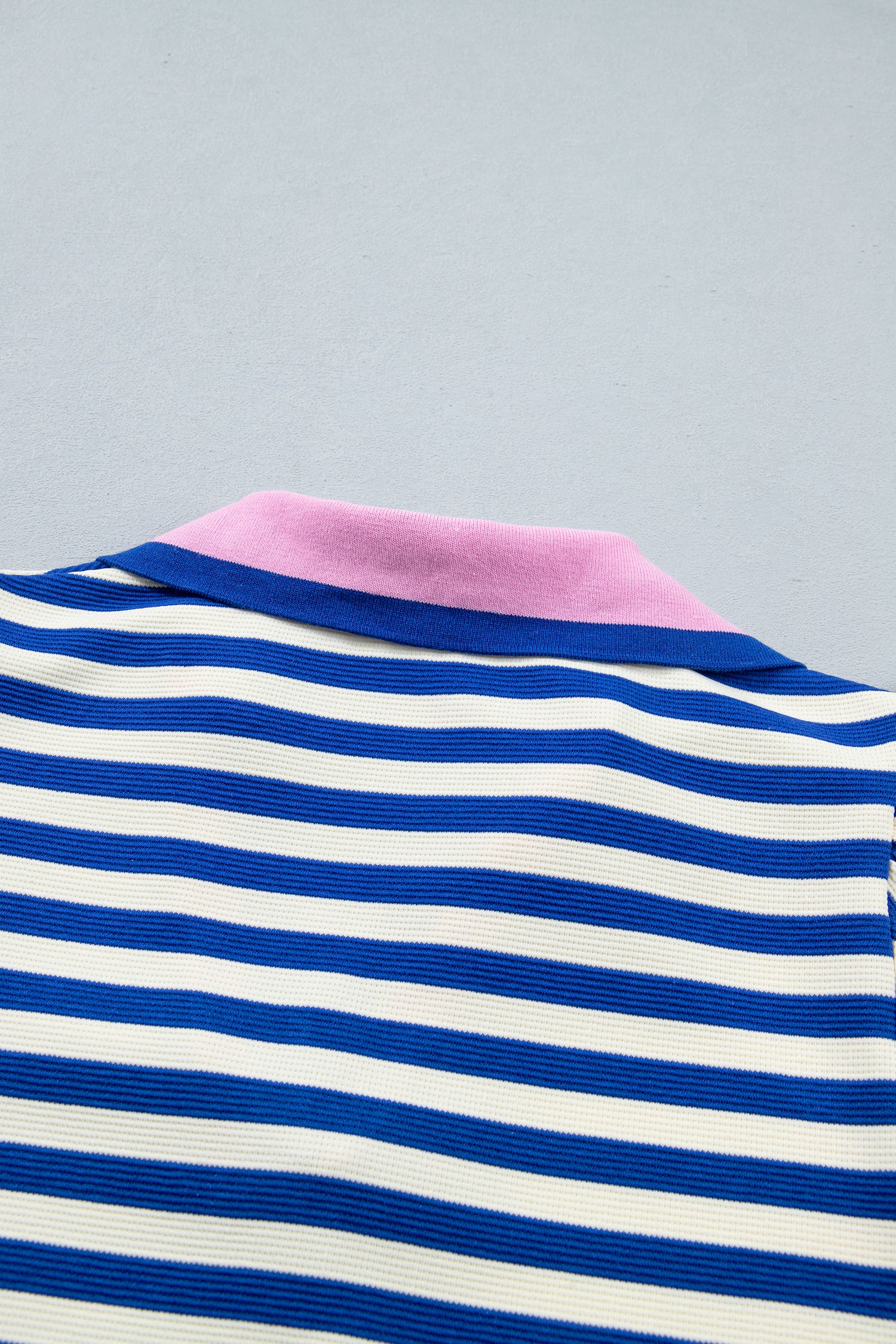 Stripe Contrast Trim Polo Collar Ruffled Short Sleeve Blouse