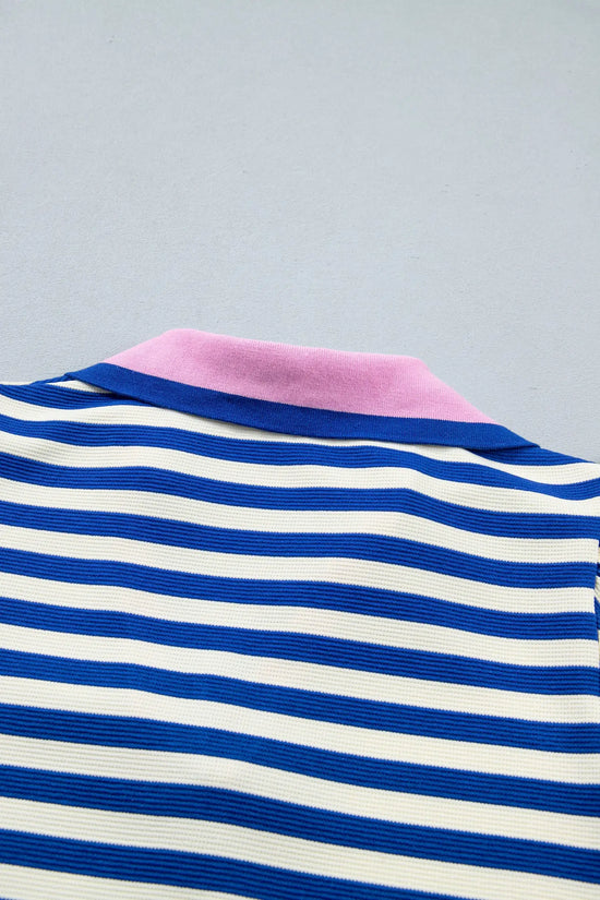 Stripe Contrast Trim Polo Collar Ruffled Short Sleeve Blouse