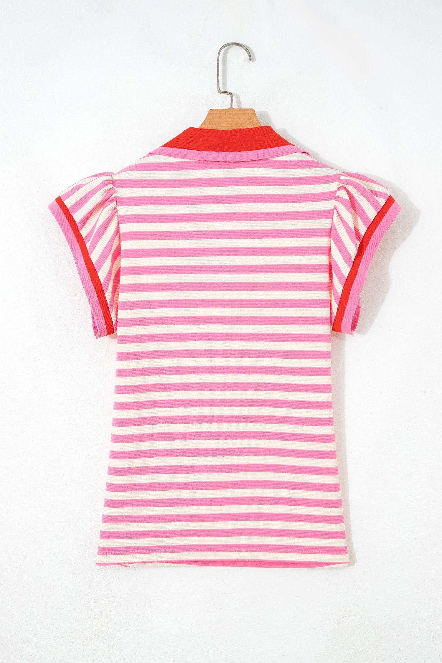 Stripe Contrast Trim Polo Collar Ruffled Short Sleeve Blouse