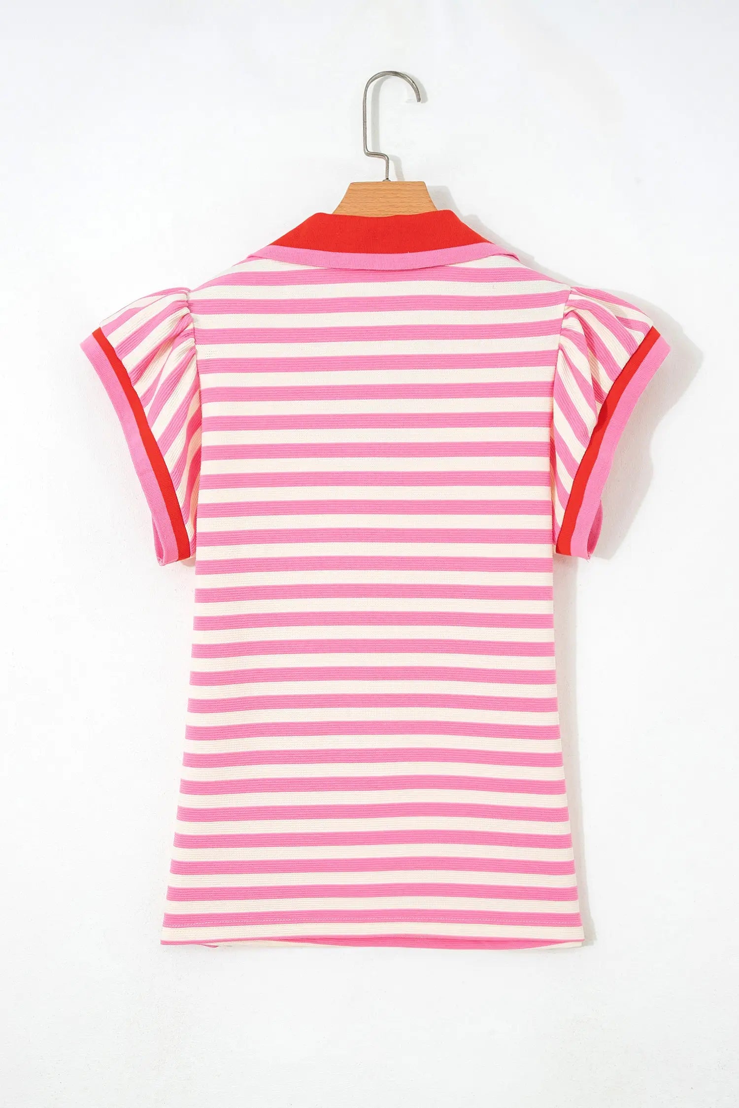 Stripe Contrast Trim Polo Collar Ruffled Short Sleeve Blouse