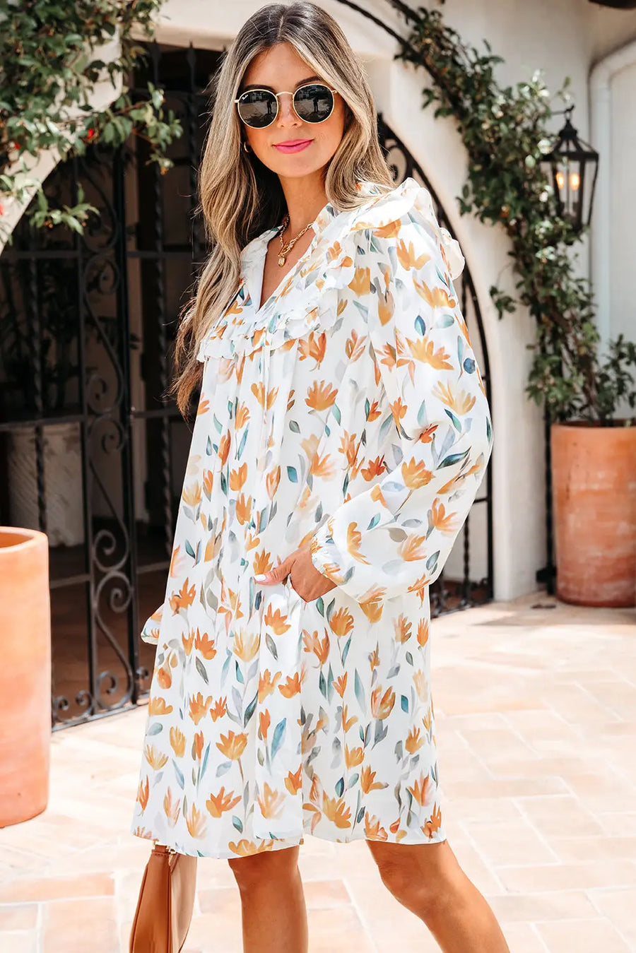 Yellow Floral Tie Neck Frilled Long Sleeve Mini Dress Women UK