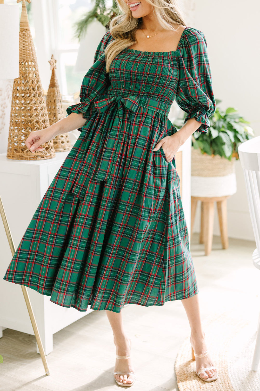 Red Green Tartan Plaid Flared Midi Dress