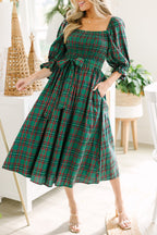 Red Green Tartan Plaid Flared Midi Dress
