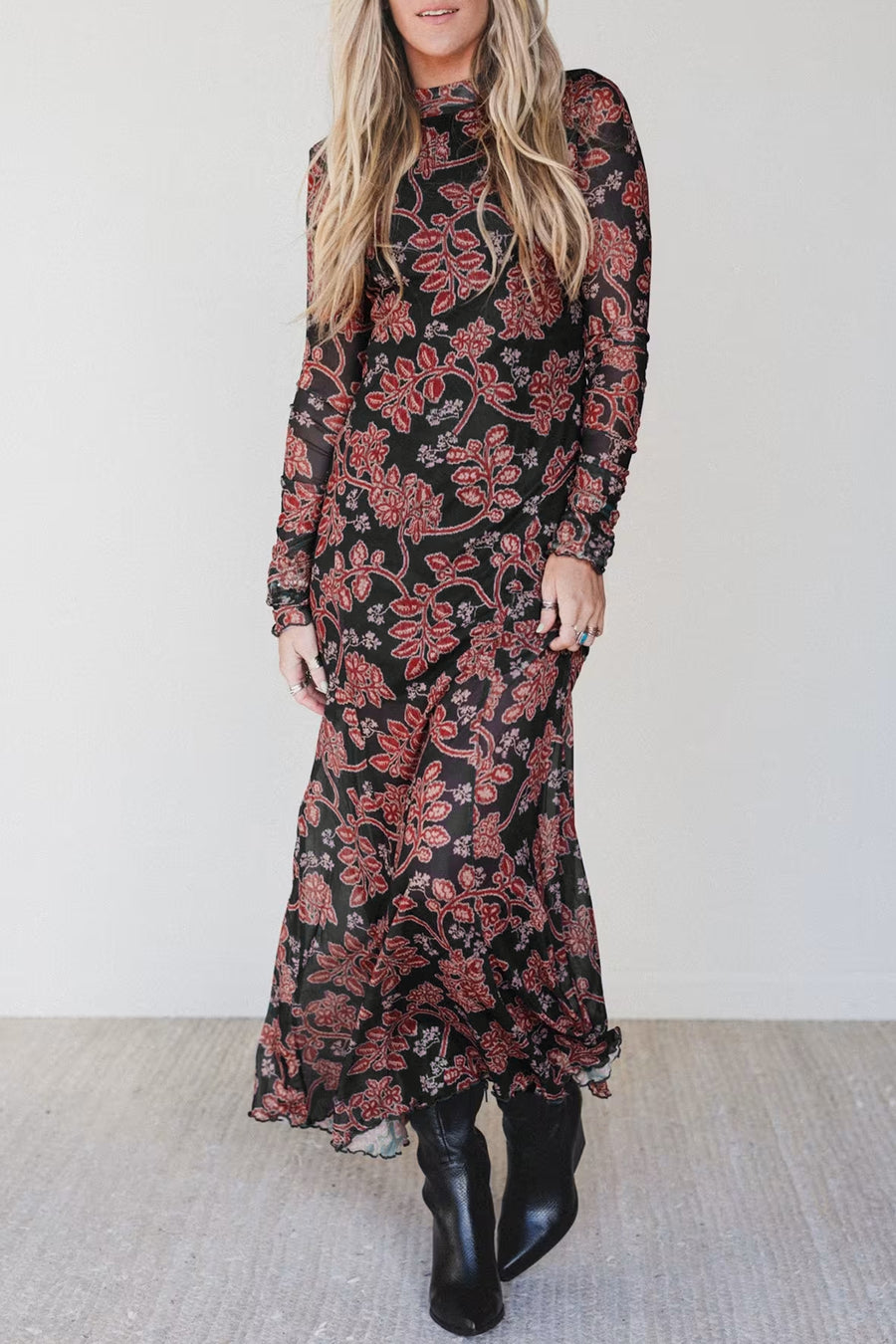 Long sleeve floral mesh maxi dress — back view