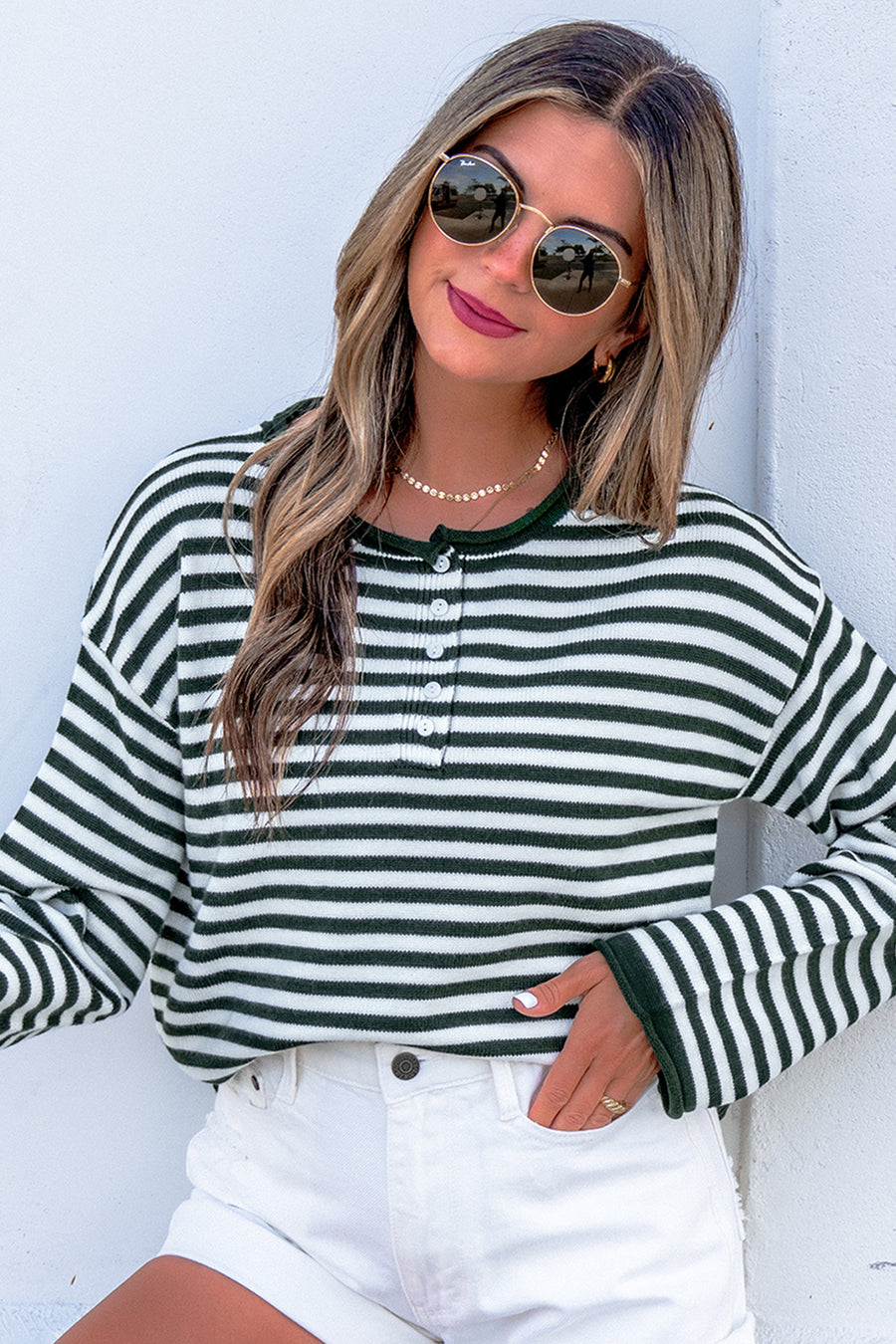 Stripe Drop Shoulder Button Placket Sweater