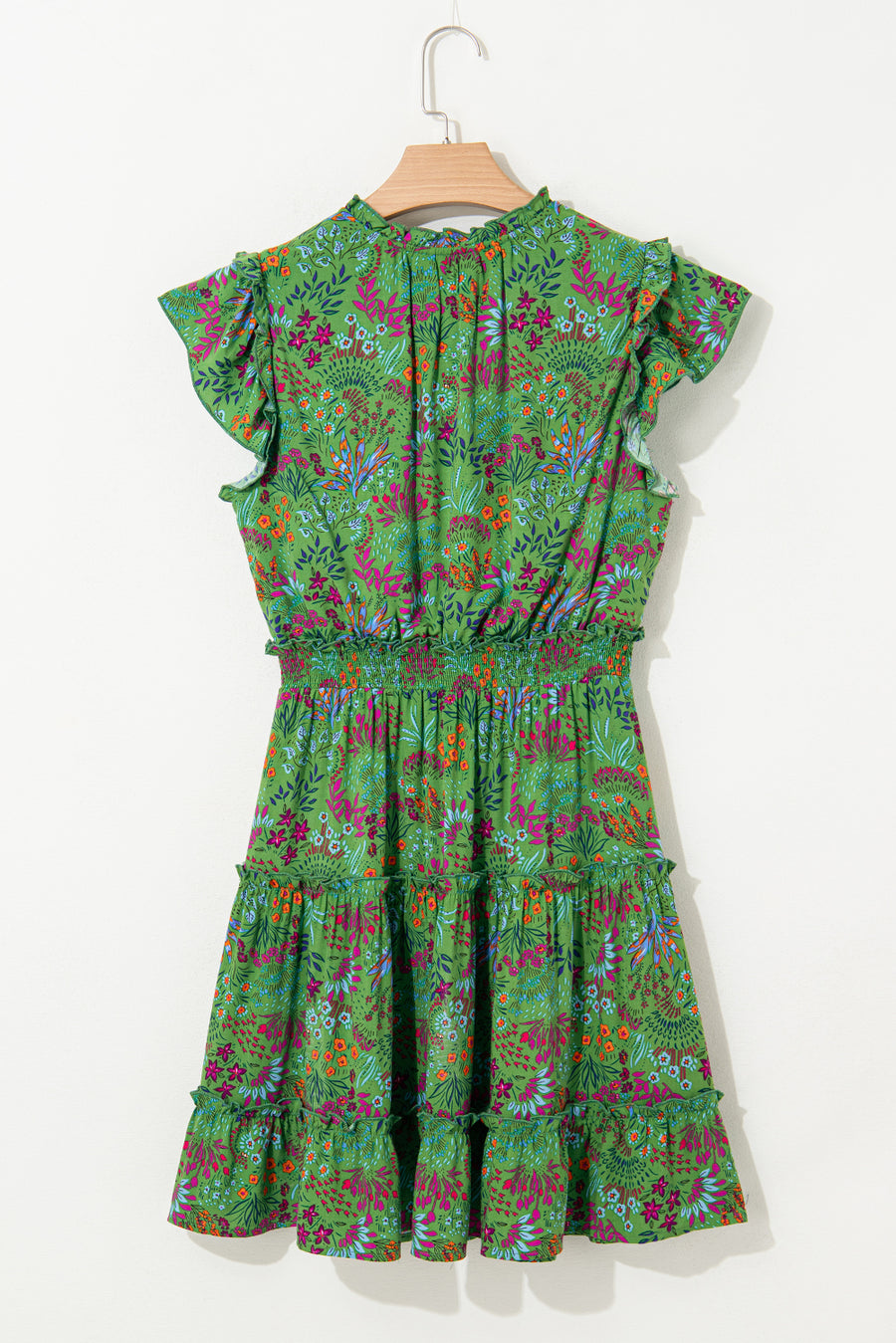 Green Floral Tie Split Neck Ruffle Trim Tiered Dress Women UK