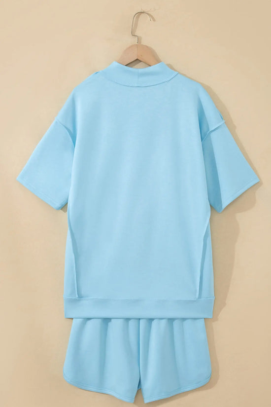 Exposed seam mock neck oversized tee shorts two piece set pockets outfit sets