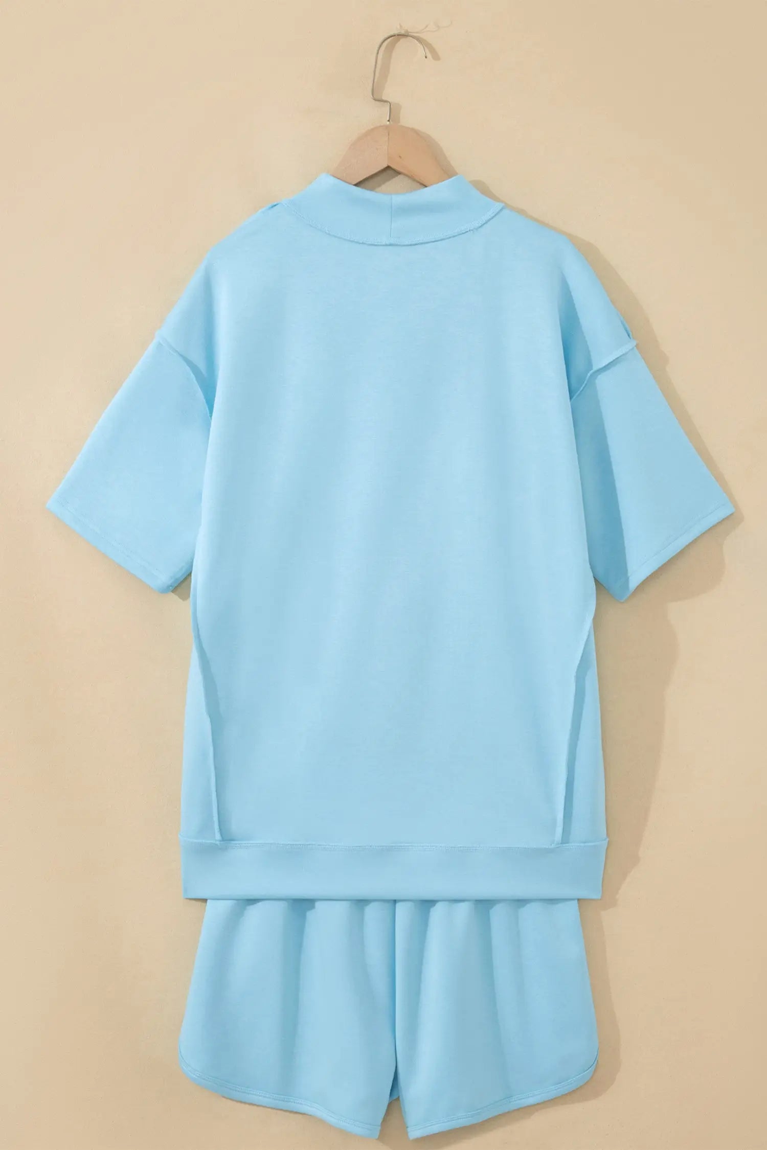 Exposed seam mock neck oversized tee shorts two piece set pockets outfit sets