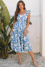 Sky Blue Floral Flutter Shoulder Tiered Midi Dress Women UK