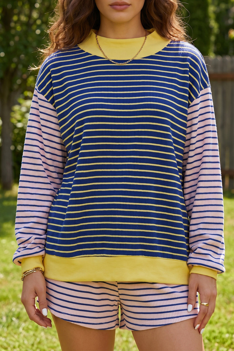 Stripe colour block ribbed knit shorts set — front view of full coordinated set