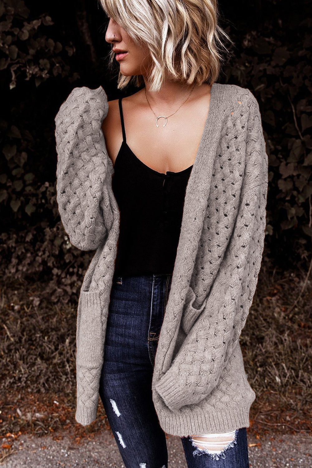 Gray Open Front Woven Texture Knitted Cardigan with Pockets