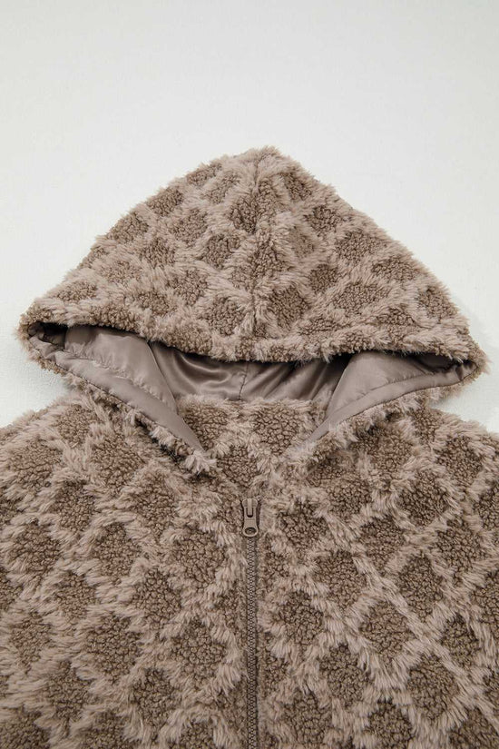 Hood detail of Camel Sherpa Fleece Jacket with soft quilted sherpa fabric and smooth lining, combining warmth and casual winter style.