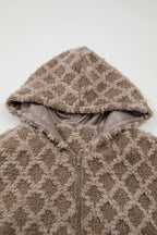 Hood detail of Camel Sherpa Fleece Jacket with soft quilted sherpa fabric and smooth lining, combining warmth and casual winter style.