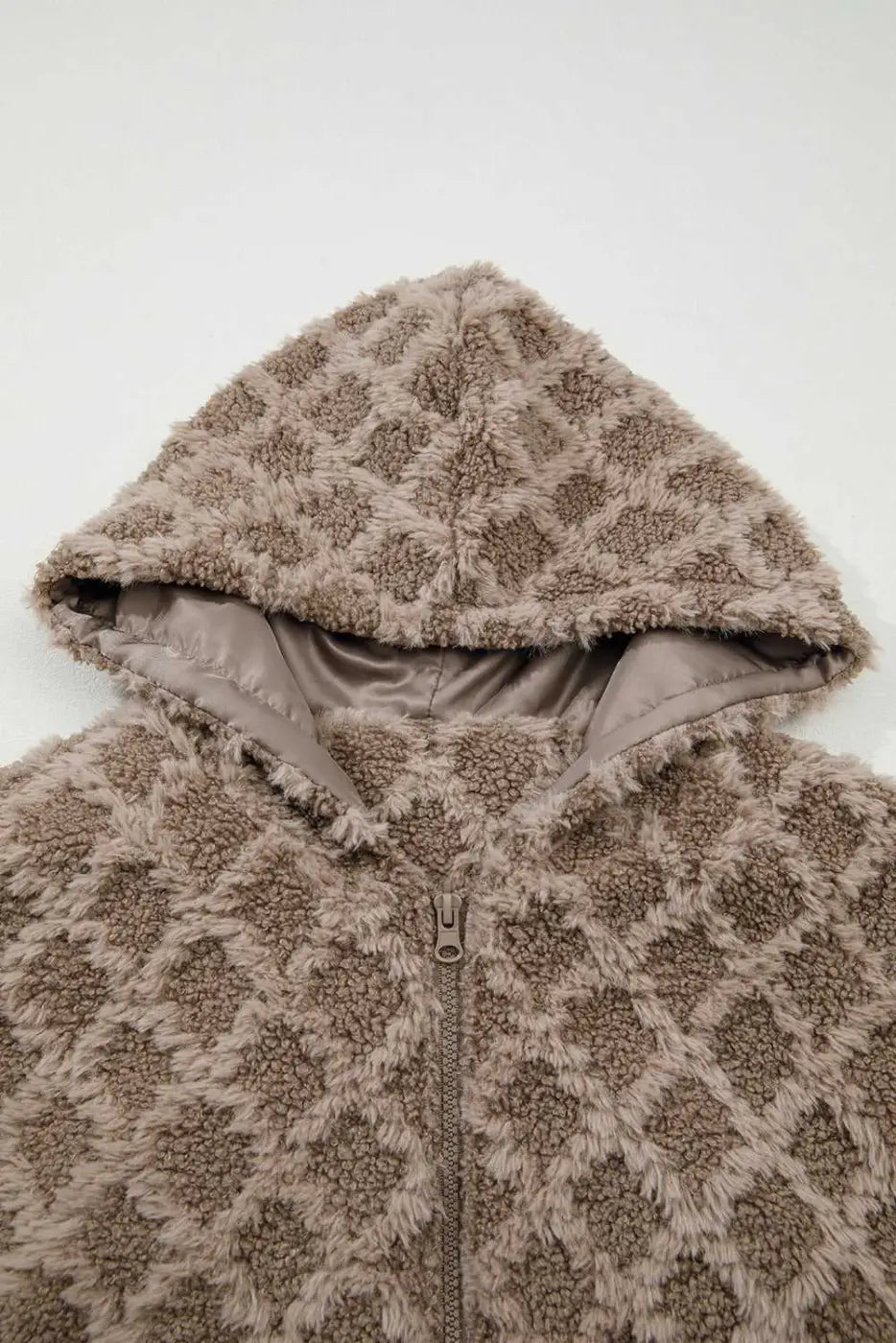 Hood detail of Camel Sherpa Fleece Jacket with soft quilted sherpa fabric and smooth lining, combining warmth and casual winter style.