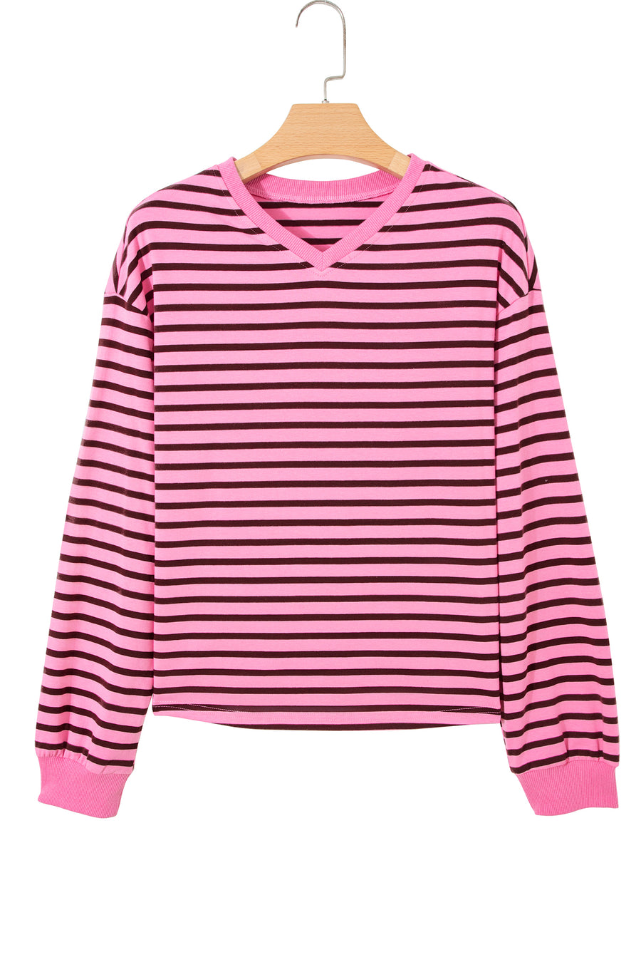 Pink Stripe V-Neck Drop Shoulder Long Sleeve Top Women UK