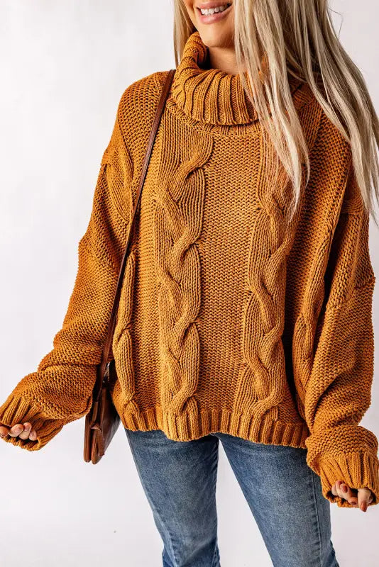 Cable knit handmade turtleneck sweater - yellow-2 / xs / 60% cotton + 40% acrylic - sweaters