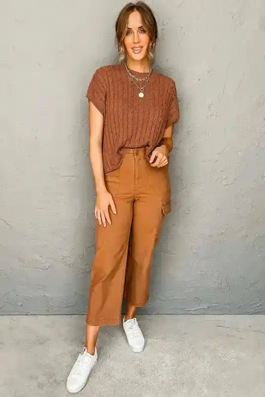 Cable Knit Sweater - Short Sleeve Style in brown paired with wide-leg pants and white sneakers. A cozy, casual look for everyday wear.