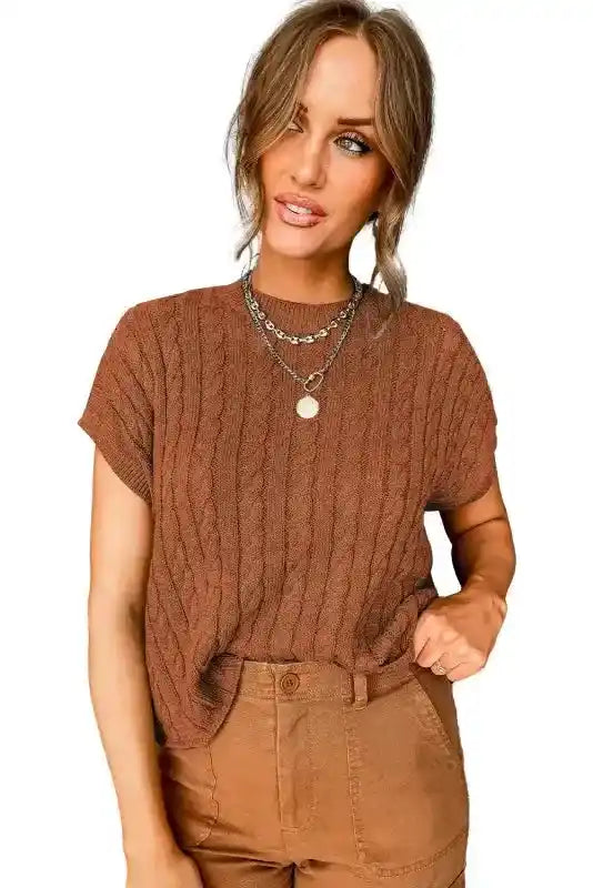 Brown Cable Knit Sweater - Short Sleeve Style shown on white background, highlighting its classic ribbed design and soft knit fabric.