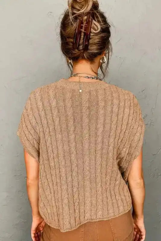 Cable knit short sleeve sweater back view — Fashionfitz UK