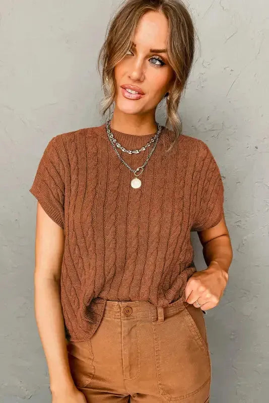 Cable Knit Short Sleeve Sweater - Fashionfitz
