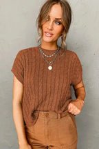 Cable Knit Short Sleeve Sweater - Fashionfitz