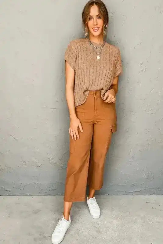 Full outfit featuring beige Cable Knit Short Sleeve Sweater with cropped brown pants and white sneakers, ideal for casual fall fashion.