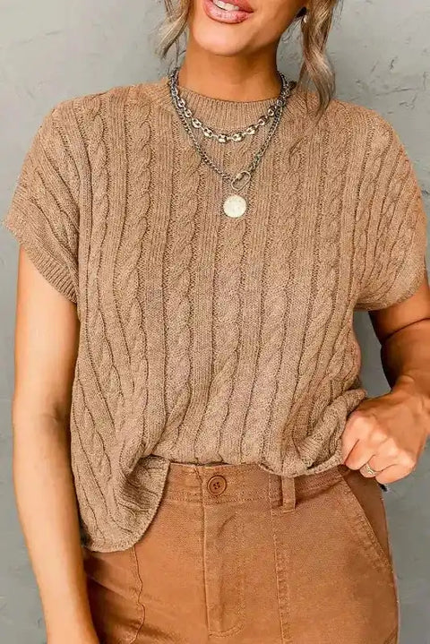 Beige cable knit short sleeve sweater with crew neck front view — Fashionfitz UK