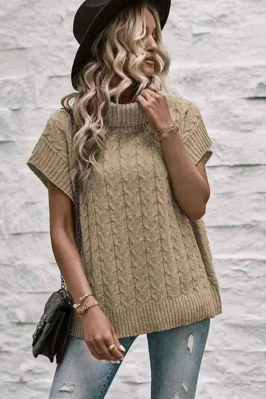 Cable Knit Turtleneck Batwing Sleeve Sweater - Fashionfitz