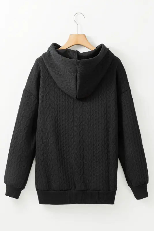 Black cable textured casual drawstring hoodie - sweatshits & hoodies