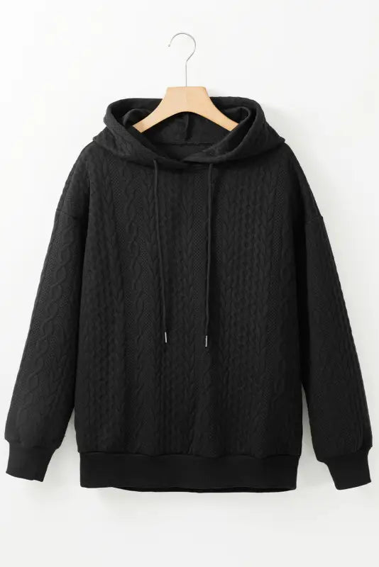 Black cable textured casual drawstring hoodie - sweatshits & hoodies