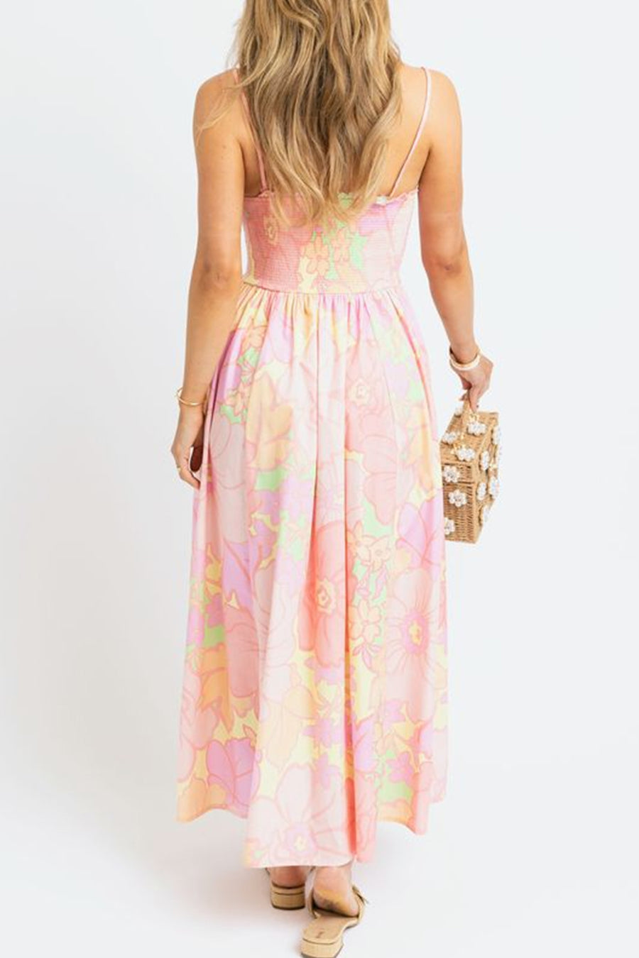 Pink Spaghetti Straps Floral Shirred High Waist Dress