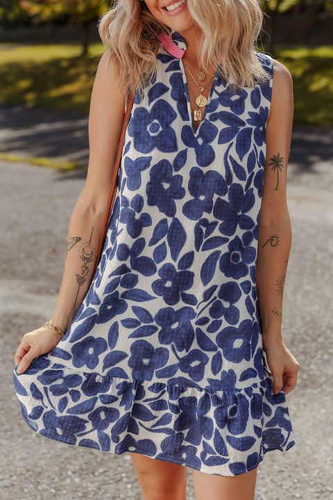 Blue floral sleeveless colour block notched V neck mini dress women UK front