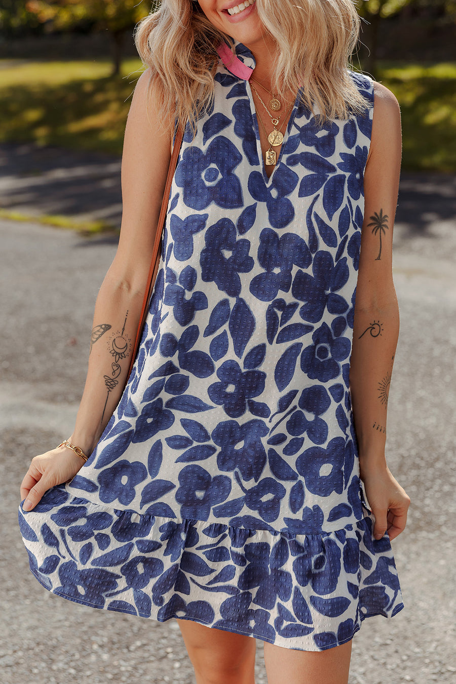 Blue Floral Sleeveless Colorblock Notched V Neck Mini Dress Women UK