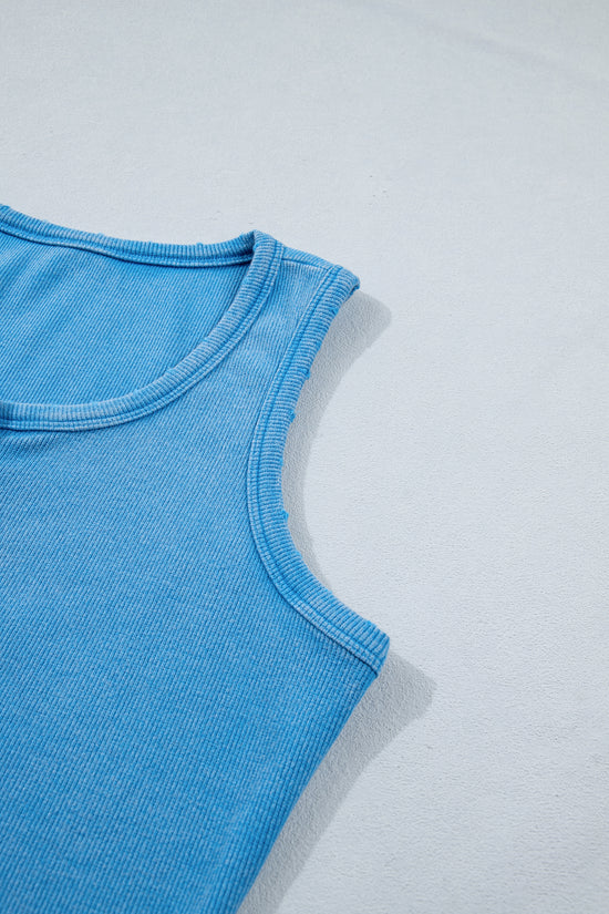 Vintage Distressed Ribbed Mineral Wash Button Neck Tank Top