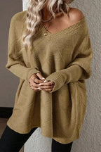 Camel Checkered Textured Batwing Sleeve Sweater - Fashionfitz