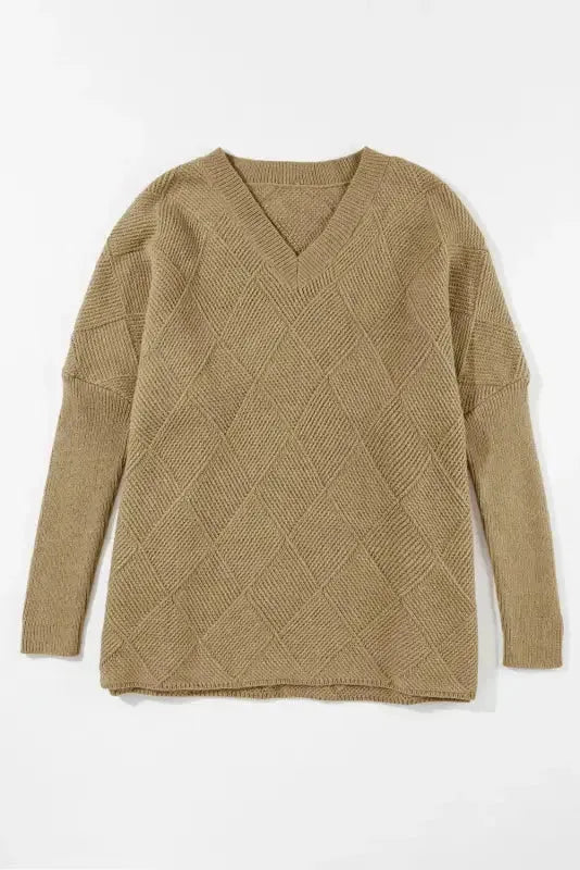 Camel Checkered Textured Batwing Sleeve Sweater - Fashionfitz