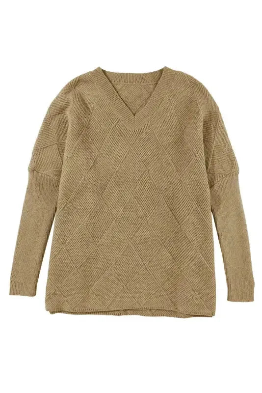 Camel Checkered Textured Batwing Sleeve Sweater - Fashionfitz