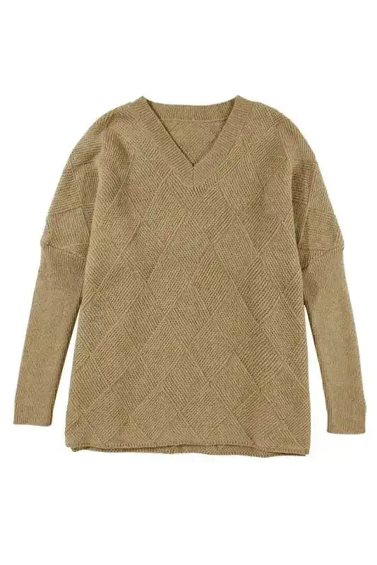 Full front view of Camel Checkered Textured Batwing Sleeve Sweater laid flat, showcasing relaxed fit and cozy design.