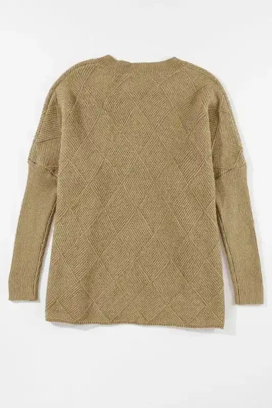 Back flat view of Camel Checkered Textured Sweater showcasing full-length sleeves and oversized batwing design.