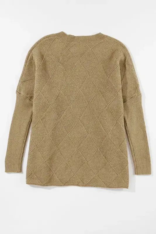 Camel Checkered Textured Batwing Sleeve Sweater - Fashionfitz