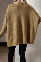 Camel Checkered Textured Batwing Sleeve Sweater - Fashionfitz